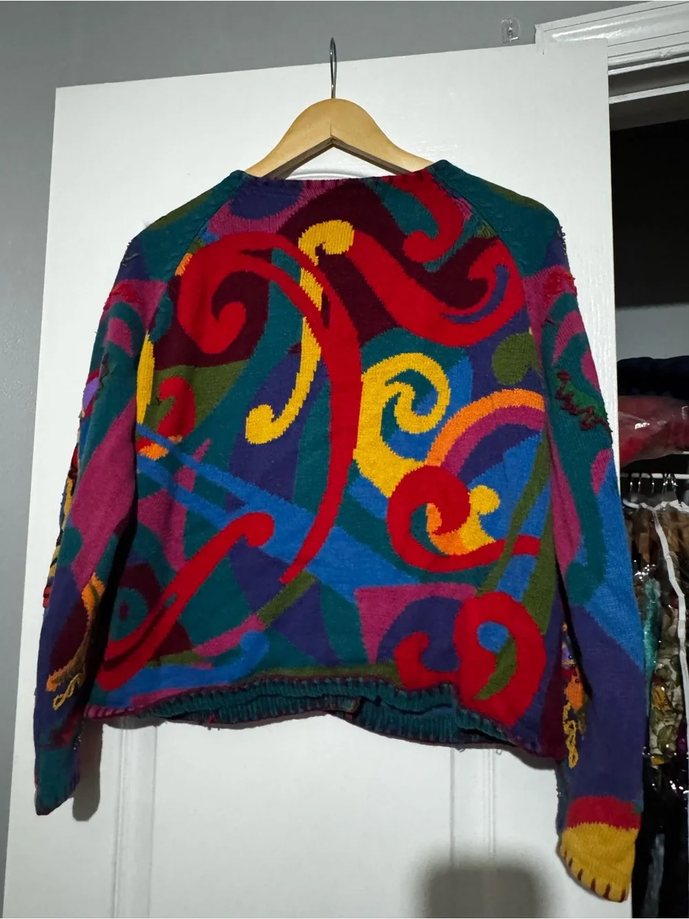 Michael Simon Multicolor Abstract Knit Cardigan with Red and Purple Accents
